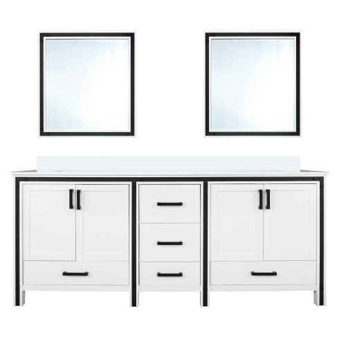 Lexora LVZV72DA210 Ziva 72 inch W White Double Sink Vanity Cabinet, White Quartz Top and 30 in Mirrors