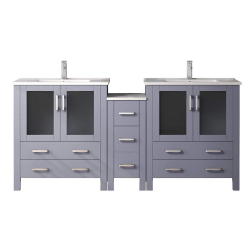 Lexora LVV72D30B601 Volez 72 inch W Dark Grey Double Sink Vanity Cabinet with Side Cabinet, White Ceramic Top, and Faucet Set