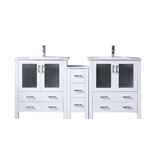 Lexora LVV72D30A601 Volez 72 inch W White Double Sink Vanity Cabinet with Side Cabinet, White Ceramic Top, and Faucet Set
