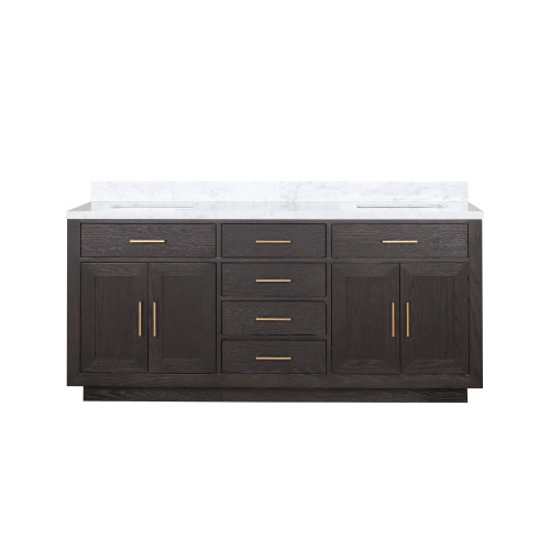 Lexora LVA72DK100 Abbey 72 inch W Brown Oak Double Sink Vanity Cabinet and Carrara Marble Top