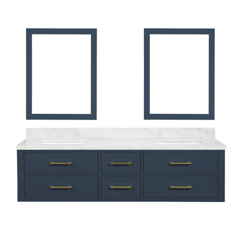 Lexora Castor 72 inch W Blue Double Sink Wall Hung Vanity Cabinet, Carrara Marble Top, and 34 in Mirrors