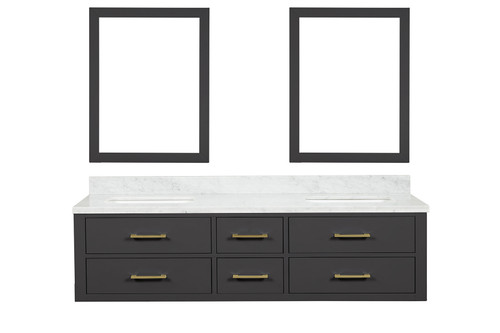 Lexora Castor 72 inch W Black Double Sink Wall Hung Vanity Cabinet, Carrara Marble Top, and 34 in Mirrors