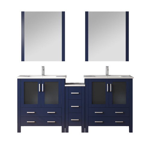Lexora LV341872SEESM28F Volez 72 inch W Navy Blue Double Sink Vanity Cabinet with Side Cabinets, Faucet Set, White Ceramic Top, and 28 in Mirrors