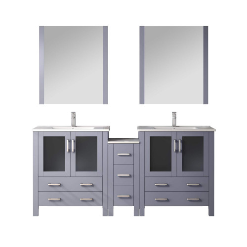 Lexora LV341872SBESM28F Volez 72 inch W Dark Grey Double Sink Vanity Cabinet with Side Cabinets, Faucet Set, White Ceramic Top, and 28 in Mirrors