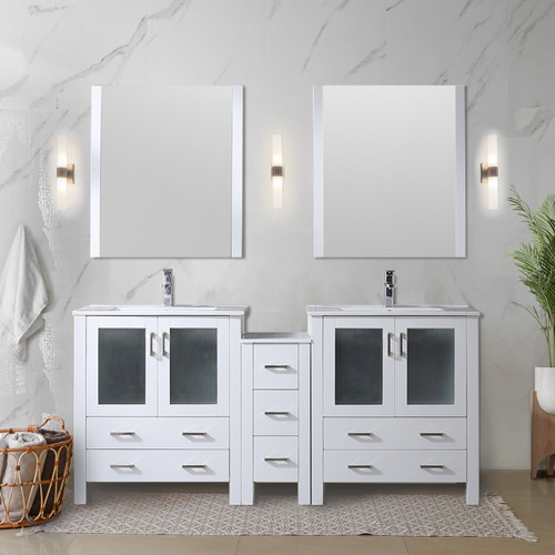 Lexora  LV341872SAESM28F Volez 72 in W x 18.25 in D White Double Bath Vanity with Side Cabinets, Faucet Set, White Ceramic Top, and 28 in Mirrors