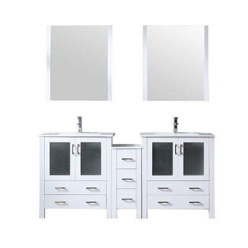 Lexora Volez 72 inch W White Double Sink Vanity Cabinet with Side Cabinets, Faucet Set, White Ceramic Top, and 28 in Mirrors