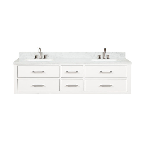 Lexora LVC72DA101 Castor 72 inch W White Double Sink Wall Hung Vanity Cabinet, Carrara Marble Top, and Faucet Set
