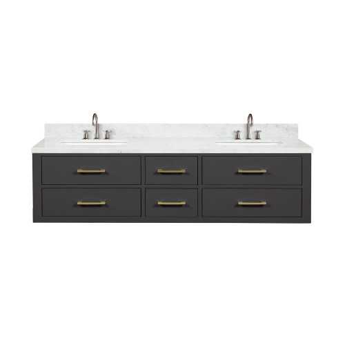Lexora LVC72DL101 Castor 72 inch W Black Double Sink Wall Hung Vanity Cabinet, Carrara Marble Top, and Faucet Set