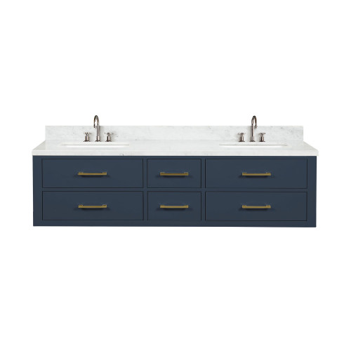 Lexora LVC72DE101 Castor 72 inch W Blue Double Sink Wall Hung Vanity Cabinet, Carrara Marble Top, and Faucet Set