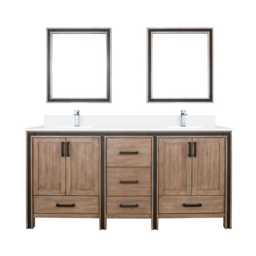 Lexora LVZV72DN211 Ziva 72 inch W Rustic Barnwood Double Sink Vanity Cabinet, White Quartz Top, Faucet Set and 30 in Mirrors