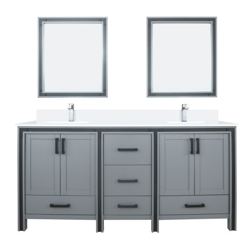 Lexora LVZV72DB211 Ziva 72 inch W Dark Grey Double Sink Vanity Cabinet, White Quartz Top, Faucet Set and 30 in Mirrors