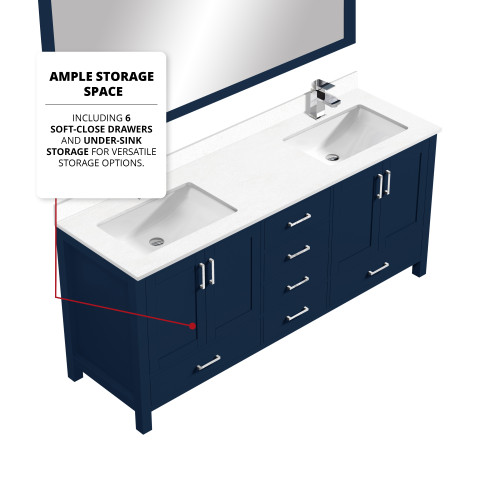 Lexora  LJ342272DEWQM70 Jacques 72 in. W x 22 in. D Navy Blue Double Bath Vanity, White Quartz Top, and 28 in. Mirror