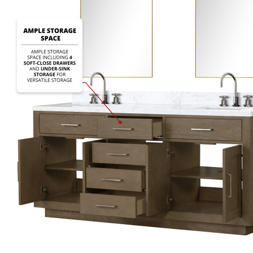 Lexora  LVA72DR110 Abbey 72 in W x 22 in D Grey Oak Double Bath Vanity, Carrara Marble Top, and 34 in Mirrors