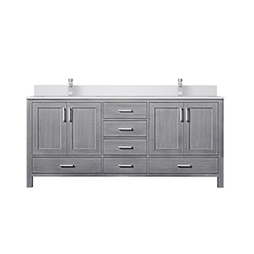 Lexora LVJ72DD201 Jacques 72 in. W Distressed Grey Double Sink Vanity Cabinet, White Quartz Top, and Faucet Set