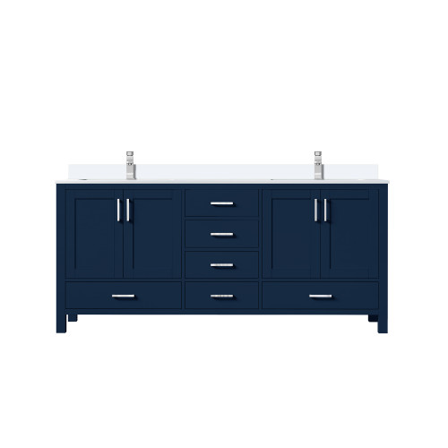 Lexora LVJ72DE201 Jacques 72 in. W Navy Blue Double Sink Vanity Cabinet, White Quartz Top, and Faucet Set