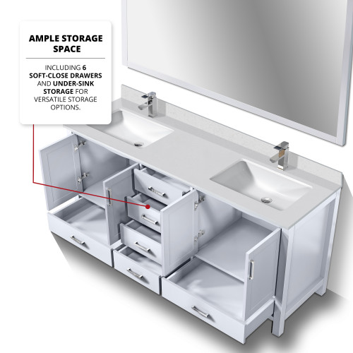 Lexora  LVJ72DA201 Jacques 72 in. W x 22 in. D White Double Bath Vanity, White Quartz Top, and Faucet Set