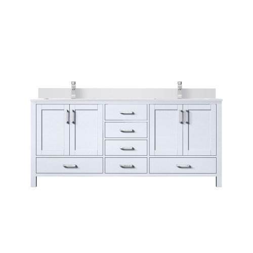 Lexora Jacques 72 in. W White Double Sink Vanity Cabinet, White Quartz Top, and Faucet Set