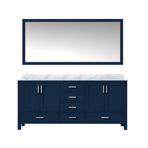 Lexora Jacques 72 in. W Navy Blue Double Sink Vanity Cabinet, Carrara Marble Top, and 28 in. Mirror