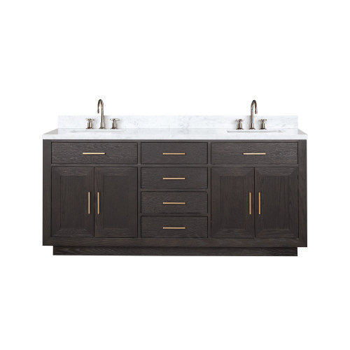 Lexora LVA72DK101 Abbey 72 inch W Brown Oak Double Sink Vanity Cabinet, Carrara Marble Top, and Faucet Set