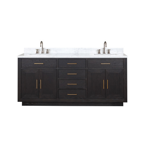 Lexora LVA72DJ101 Abbey 72 inch W Black Oak Double Sink Vanity Cabinet, Carrara Marble Top, and Faucet Set