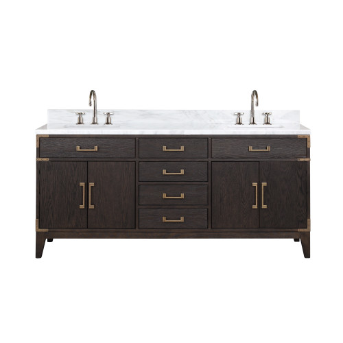 Lexora Laurel 72 inch W Brown Oak Double Sink Vanity Cabinet, Carrara Marble Top, and Faucet Set