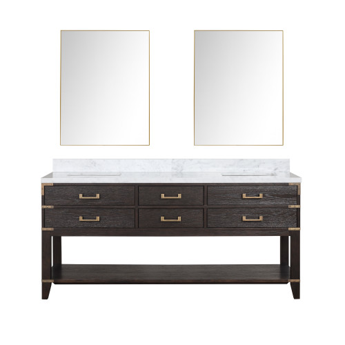 Lexora Norwalk 72 inch W Brown Oak Double Sink Vanity Cabinet, Carrara Marble Top, and 34 in Mirrors
