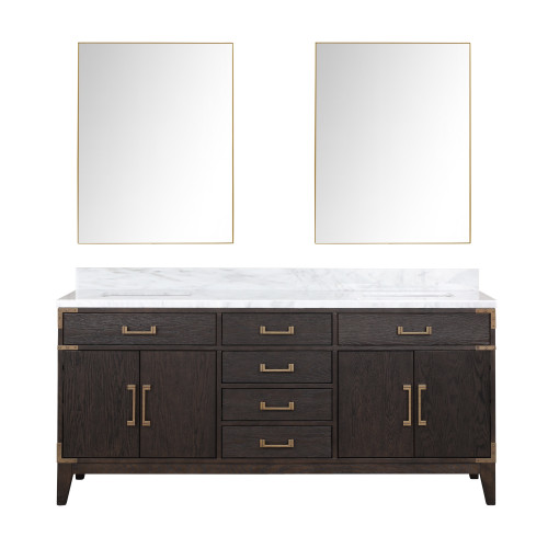 Lexora Laurel 72 inch W Brown Oak Double Sink Vanity Cabinet, Carrara Marble Top, and 34 in Mirrors