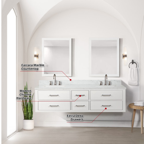 Lexora  LVC72DA111 Castor 72 in W x 22 in D White Double Bath Vanity, Carrara Marble Top, Faucet Set, and 34 in Mirrors