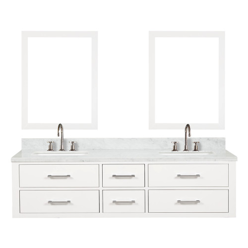 Lexora LVC72DA111 Castor 72 inch W White Double Sink Wall Hung Vanity Cabinet, Carrara Marble Top, Faucet Set, and 34 in Mirrors