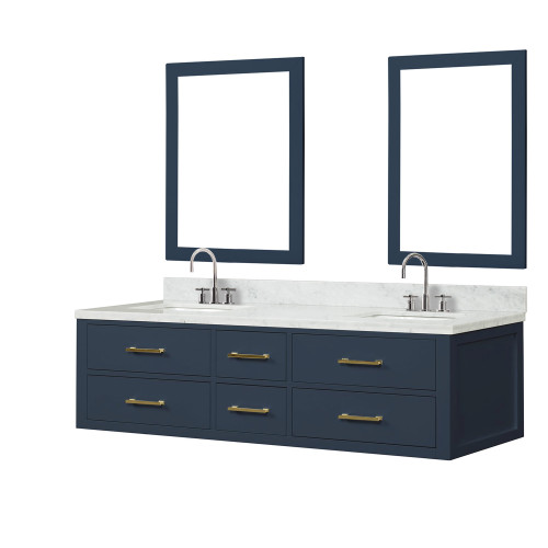 Lexora LVC72DE111 Castor 72 inch W Blue Double Sink Wall Hung Vanity Cabinet, Carrara Marble Top, Faucet Set, and 34 in Mirrors