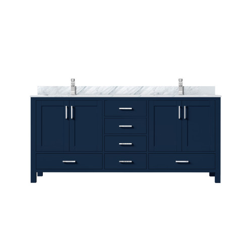 Lexora Jacques 72 in. W Navy Blue Double Sink Vanity Cabinet, Carrara Marble Top, and Faucet Set