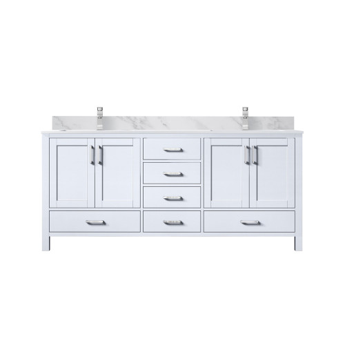 Lexora Jacques 72 in. W White Double Sink Vanity Cabinet, Carrara Marble Top, and Faucet Set