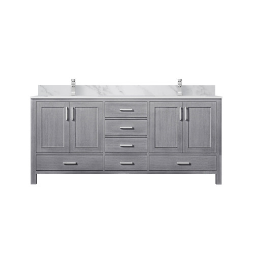 Lexora Jacques 72 in. W Distressed Grey Double Sink Vanity Cabinet, Carrara Marble Top, and Faucet Set