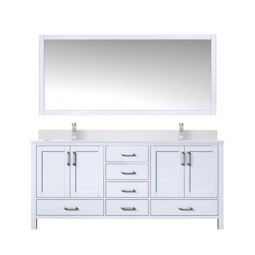 Lexora Jacques 72 in. W White Bath Vanity Cabinet, Cultured Marble Top, Faucet Set, and 28 in. Mirror