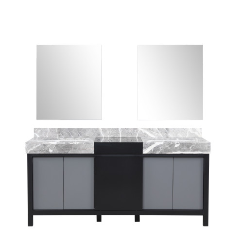 Lexora Zilara 72 inch W Black and Grey Double Sink Vanity Cabinet, Castle Grey Marble Top and 28 in Mirrors