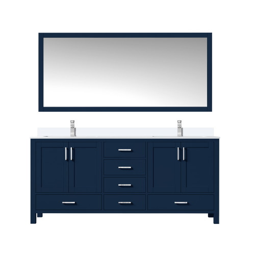Lexora Jacques 72 in. W Navy Blue Double Sink Vanity Cabinet, White Quartz Top, Faucet Set, and 28 in. Mirror