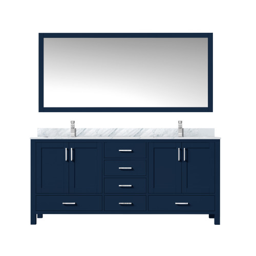 Lexora LJ342272DEDSM70F Jacques 72 in. W Navy Blue Double Sink Vanity Cabinet, Carrara Marble Top, Faucet Set, and 28 in. Mirror