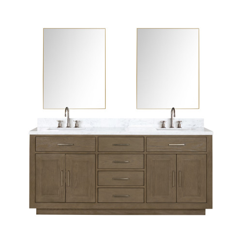 Lexora Abbey 72 inch W Grey Oak Double Sink Vanity Cabinet, Carrara Marble Top, Faucet Set, and 34 in Mirrors