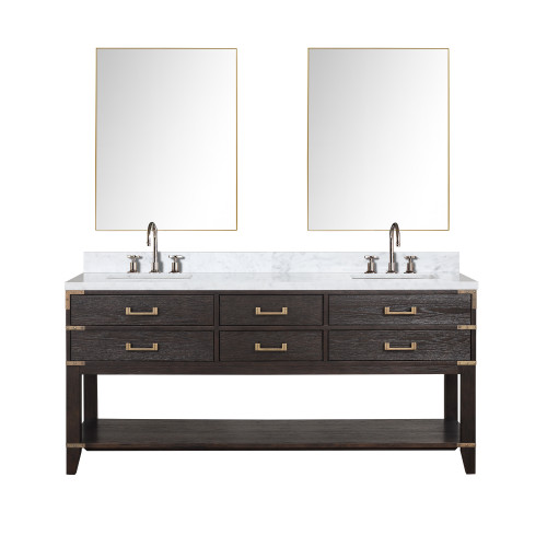 Lexora Norwalk 72 inch W Brown Oak Double Sink Vanity Cabinet, Carrara Marble Top, Faucet Set, and 34 in Mirrors