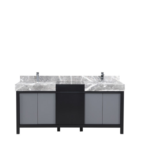 Lexora LZ342272DLISFMC Zilara 72 inch W Black and Grey Double Sink Vanity Cabinet, Castle Grey Marble Top and Chrome Faucet Set