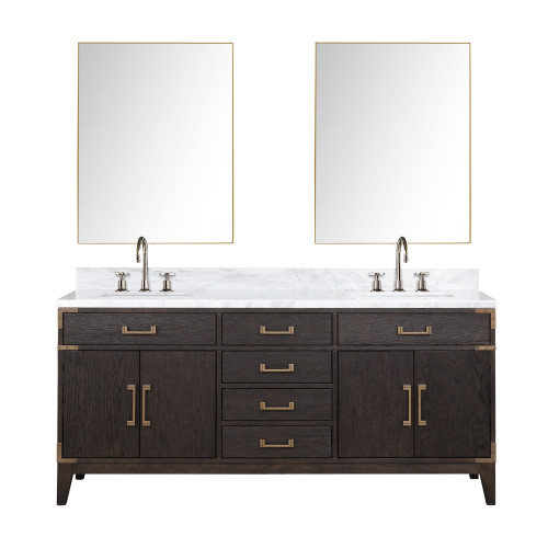 Lexora LVL72DK111 Laurel 72 inch W Brown Oak Double Sink Vanity Cabinet, Carrara Marble Top, Faucet Set, and 34 in Mirrors