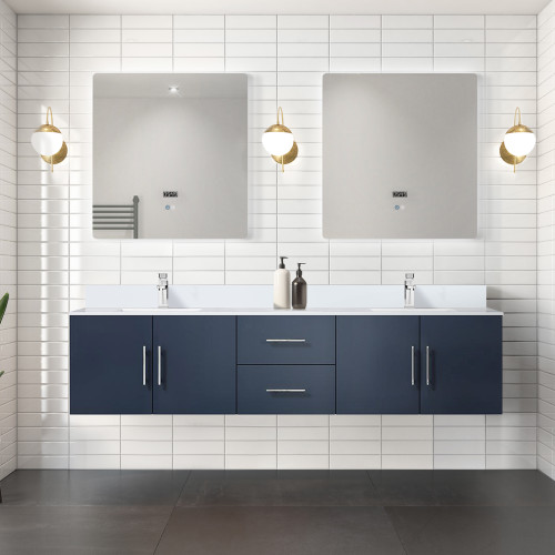 Lexora  LVG80DE310 Geneva 80 in. W x 22 in. D Navy Blue Double Bath Vanity, Cultured Marble Top, and 30 in. LED Mirrors