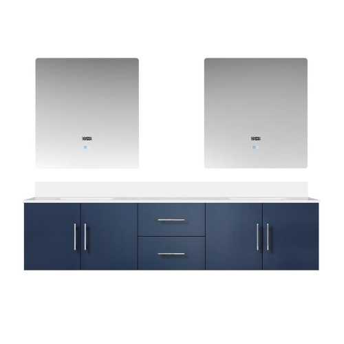 Lexora Geneva 80 in. W Navy Blue Wall Mount Double Sink Vanity Cabinet, Cultured Marble Top, and 30 in. LED Mirrors