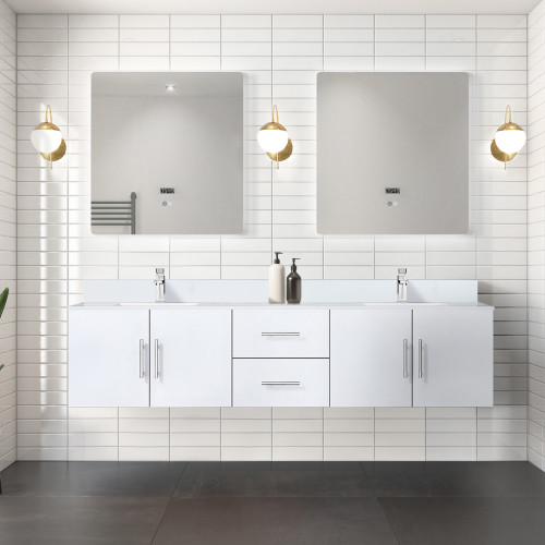 Lexora  LVG80DM210 Geneva 80 in. W x 22 in. D Glossy White Double Bath Vanity, White Quartz Top, and 30 in. LED Mirrors