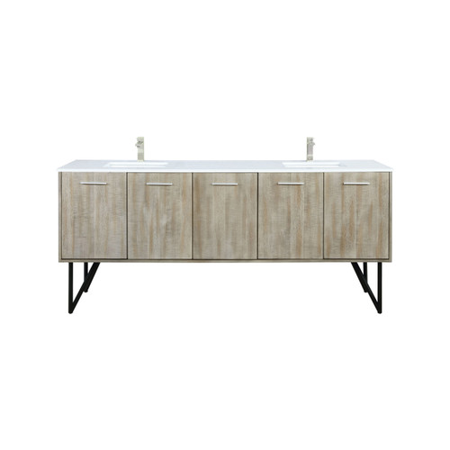 Lexora Lancy 80 inch W x 20 in D Rustic Acacia Double Sink Vanity Cabinet, White Quartz Top and Brushed Nickel Faucet Set