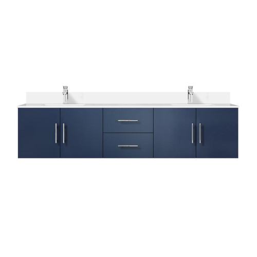 Lexora Geneva 80 in. W Navy Blue Wall Mount Double Sink Vanity Cabinet, White Quartz Top, and Faucet Set