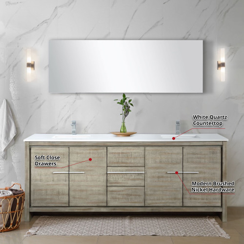 Lexora  LLF80DKSODM70FCH Lafarre 80 in W x 20 in D Rustic Acacia Double Bath Vanity, White Quartz Top, Chrome Faucet Set and 70 in Mirror