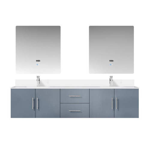 Lexora LVG80DB311 Geneva 80 in. W Dark Grey Wall Mount Double Sink Vanity Cabinet, Cultured Marble Top, Faucet Set, and 30 in. LED Mirrors