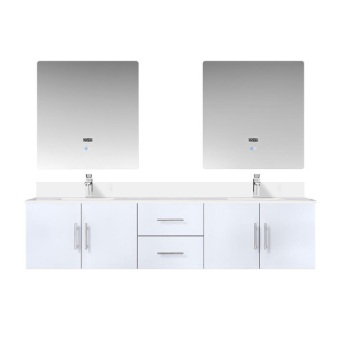 Lexora LVG80DM311 Geneva 80 in. W Glossy White Wall Mount Double Sink Vanity Cabinet, Cultured Marble Top, Faucet Set, and 30 in. LED Mirrors