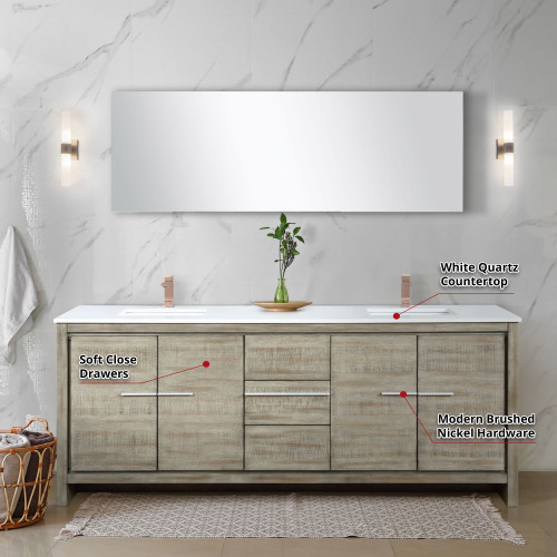 Lexora  LLF80DKSODM70FRG Lafarre 80 in W x 20 in D Rustic Acacia Double Bath Vanity, White Quartz Top, Rose Gold Faucet Set and 70 in Mirror